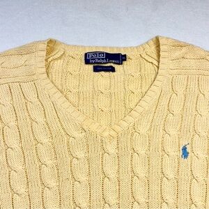 Polo Ralph Lauren Butter Yellow Cotton Cable Knit V-Neck Sweater Men’s XL